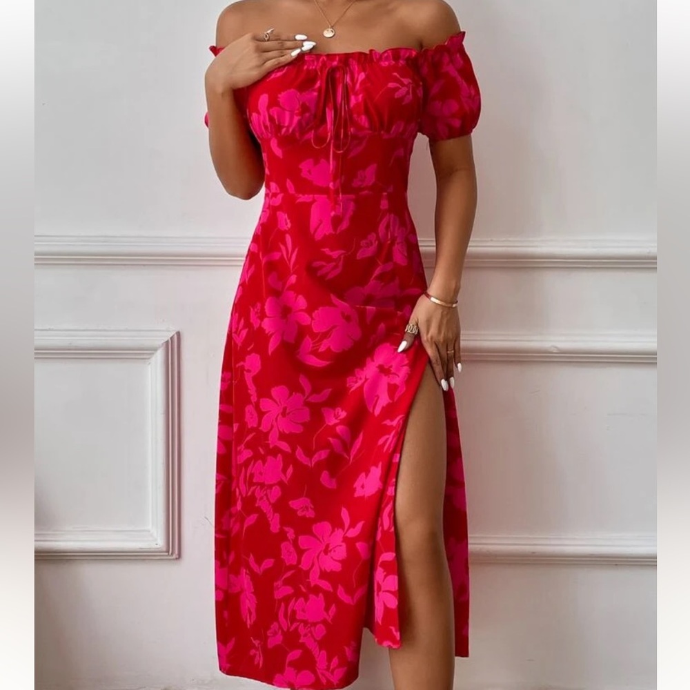 SHEIN Red Floral Off-Shoulder Midi Dress